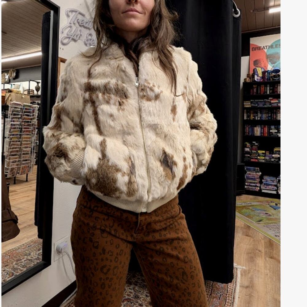 White and Brown Genuine Rabbit Fur Coat